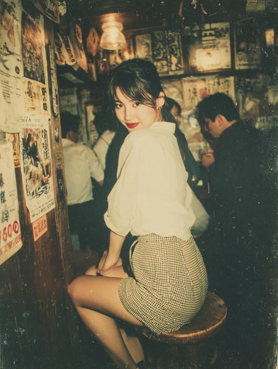 A beautiful woman photographed with flash in an izakaya
