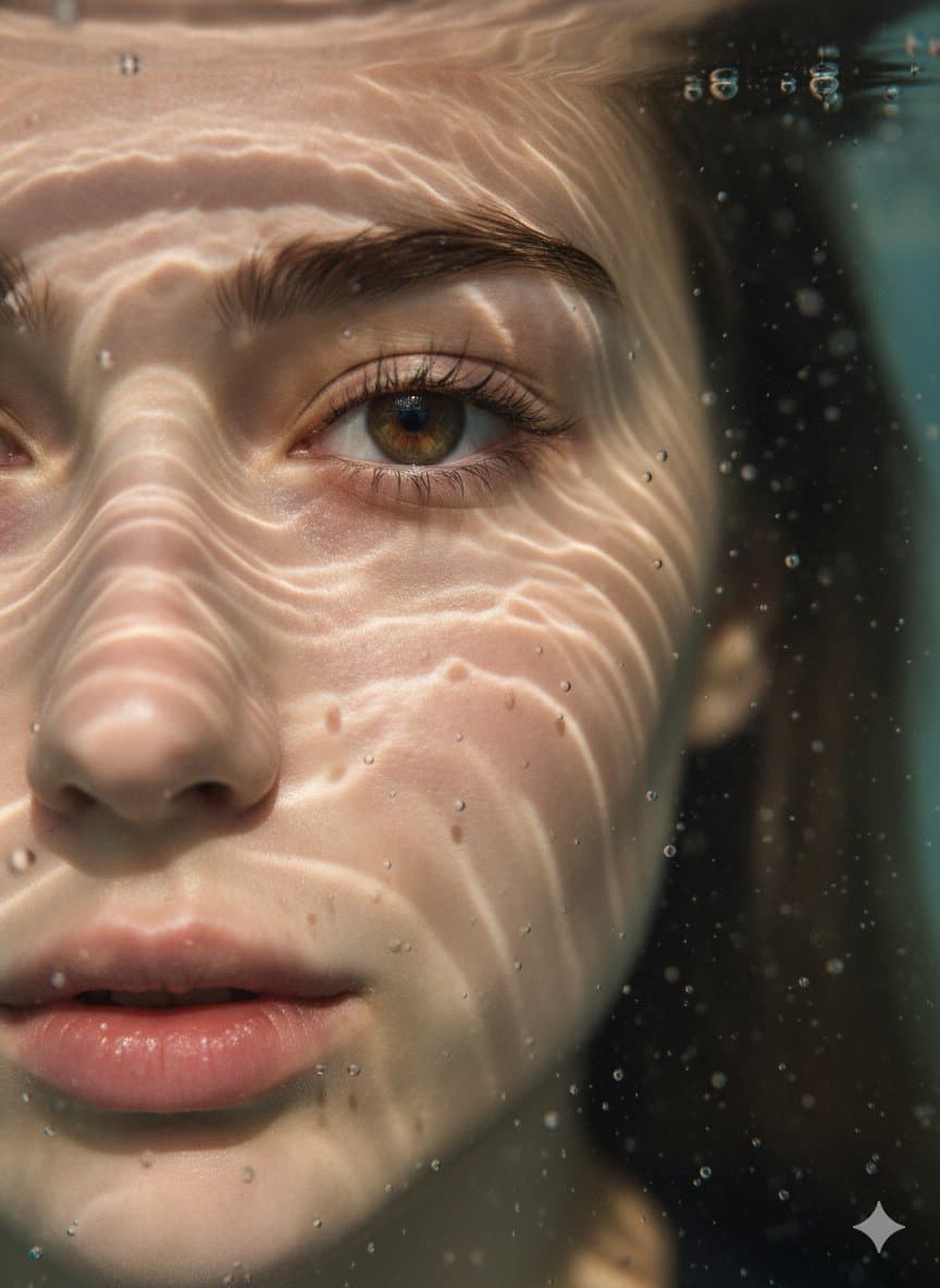An ultra-realistic, highly detailed underwater close-up portrait