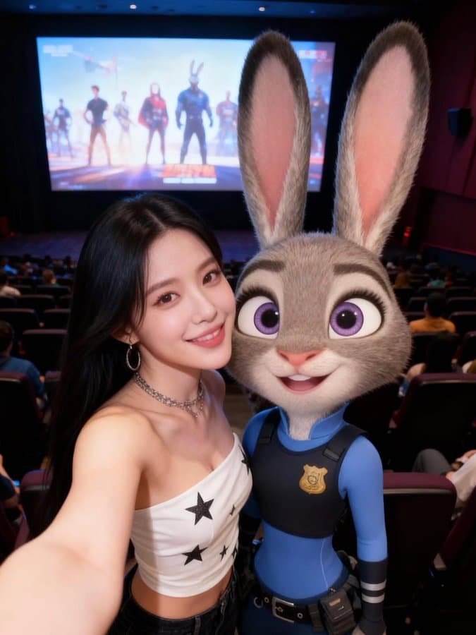 Taking a selfie with characters from Zootopia