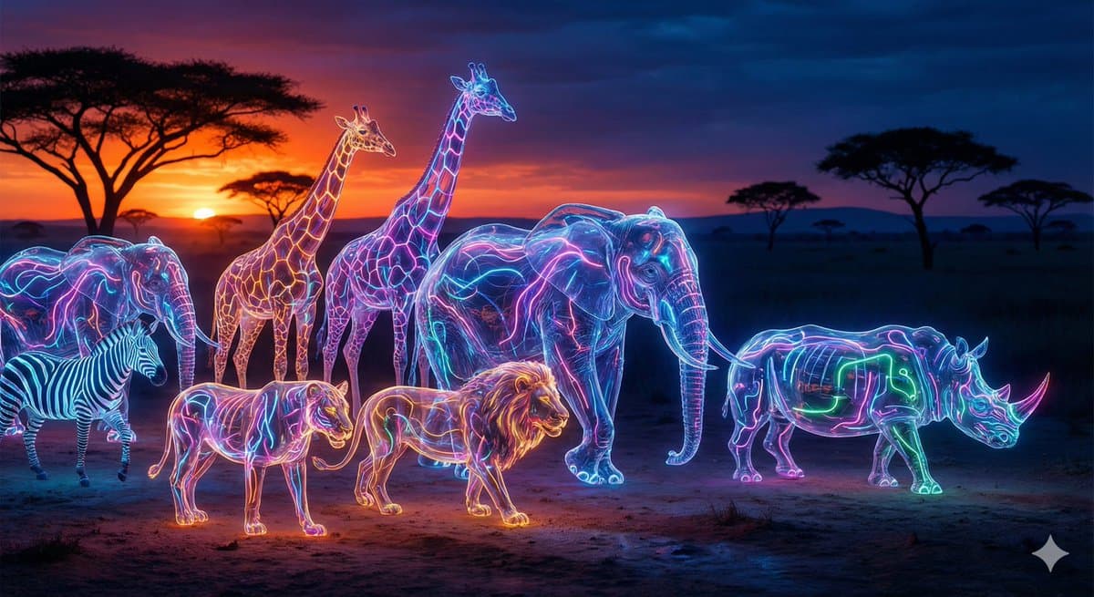 Animals and humans alike have transformed into neon glass creatures.
