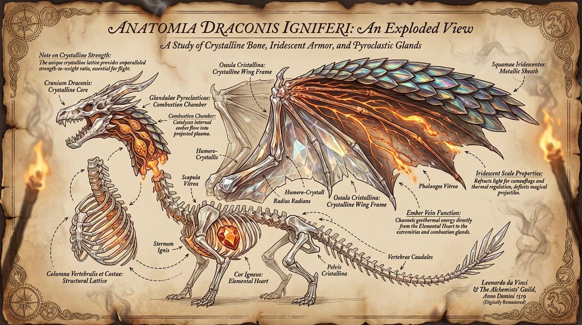 An exploded view diagram of a dragon's anatomy