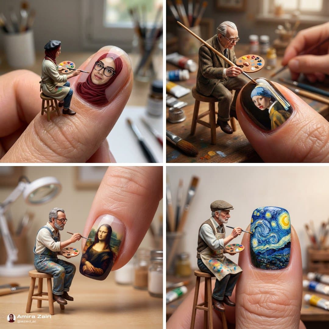 A micro-artist paints on a giant human fingernail. A micro-artist paints on a giant human fingernail.
